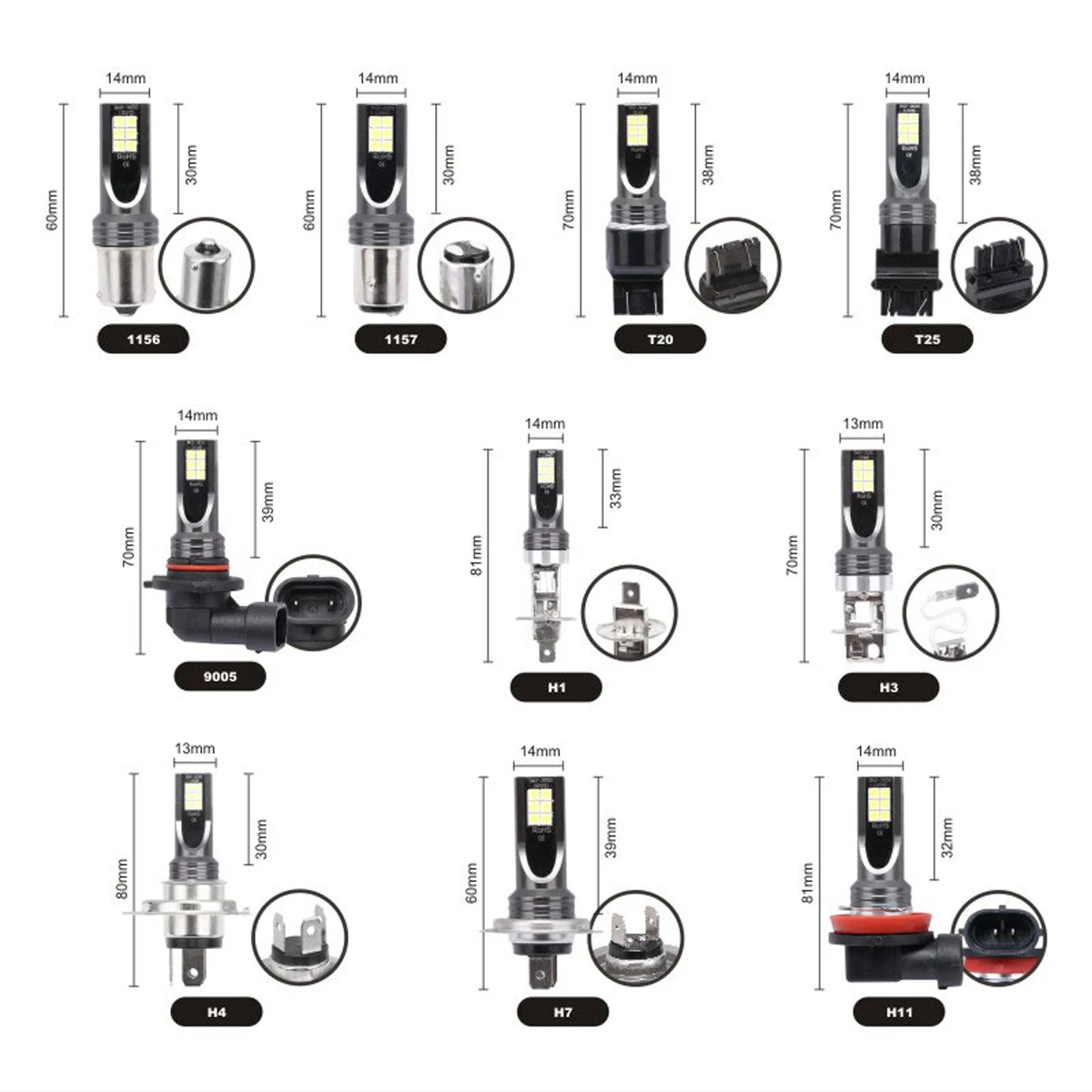 2Pcs Super Bright Car LED Headlight & Fog Bulbs H4 H7 H1 H3 H8 H9 H11 9005 9006 12V/24V 80W