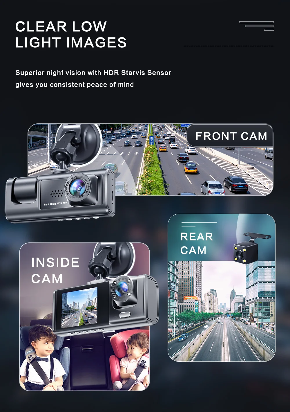 Dash Cam with IR Night Vision | 1080P 3-Camera DVR Video Recorder